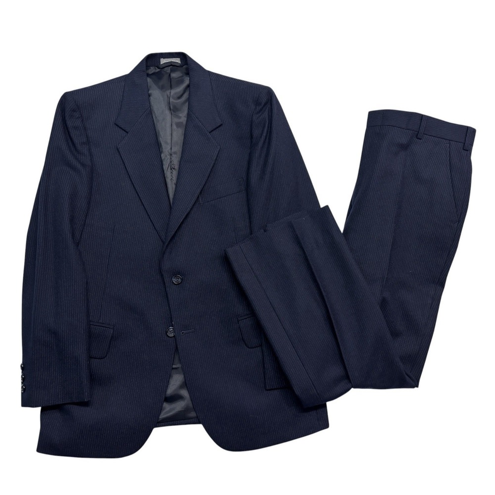 vtg Navy Blue Pinstripe 38S 39S 33x28 Full Canvas 2pc Pant Suit Flannel Wool